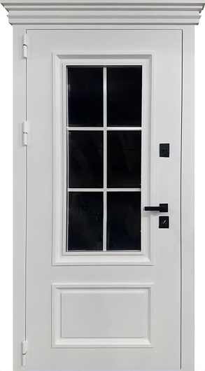 Остекленная уличная термодверь с карнизом, металлобагетом и белым полимерным покрытием