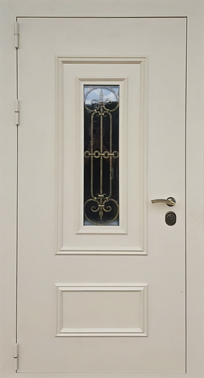 Входная термодверь с узким стеклом, ковкой, металлофиленкой и порошковым покрытием